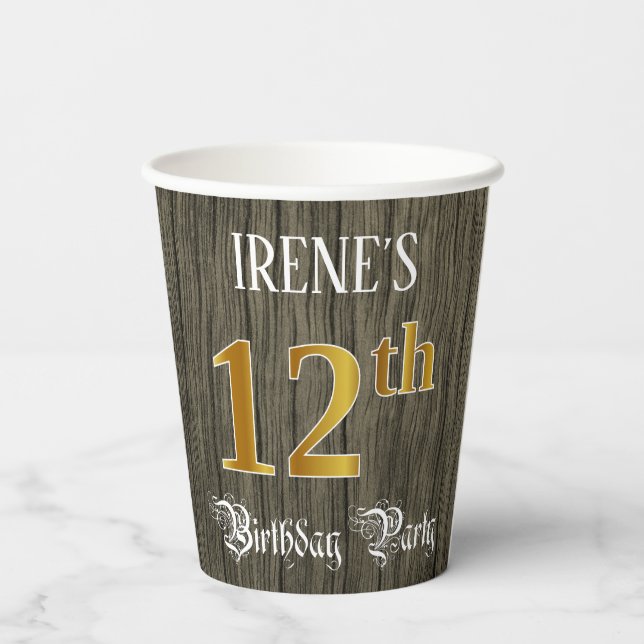 12th Birthday Party — Faux Gold & Faux Wood Looks Paper Cups (Back)