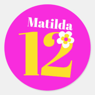 12th Birthday party girls pink yellow white Classic Round Sticker