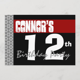 12th Birthday Party Modern Red Black and White Invitation