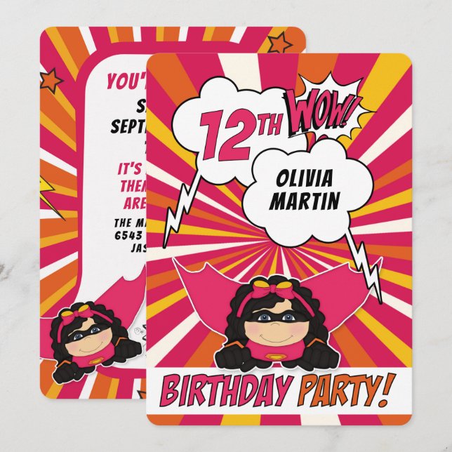 12th Birthday Party Superhero Pink Comic for Girls Invitation (Front/Back)