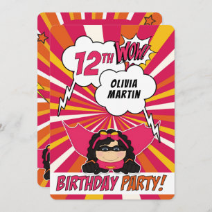 12th Birthday Party Superhero Pink Comic for Girls Invitation