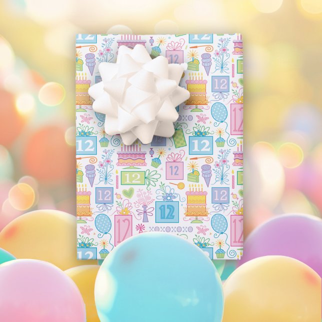 12th Birthday Pastel Pink Cake Presents Balloons  Wrapping Paper Sheet (Creator Uploaded)