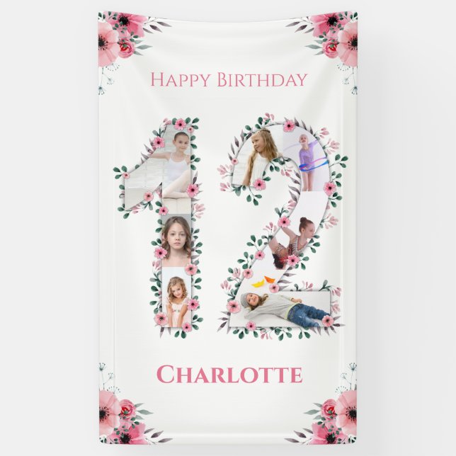12th Birthday Photo Collage Pink Flower Girl White Banner (Vertical)