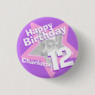 12th Birthday photo fun purple pink button/badge 3 Cm Round Badge