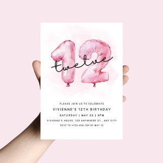 12th Birthday Pink Balloon Invitation