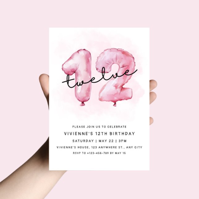 12th Birthday Pink Balloon Invitation (Creator Uploaded)