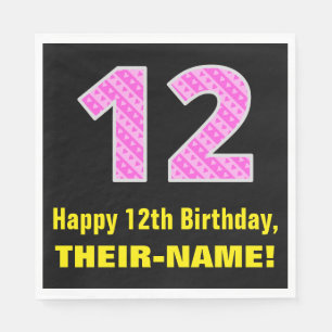 12th Birthday: Pink Stripes and Hearts "12" + Name Napkin