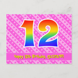 12th Birthday: Pink Stripes & Hearts, Rainbow 12 Postcard