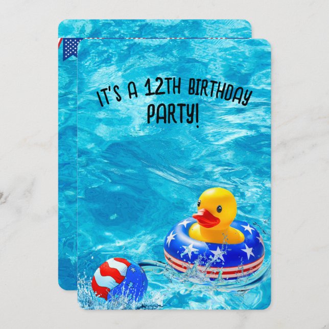 12th Birthday Pool Party With Yellow Duck Invitation (Front/Back)