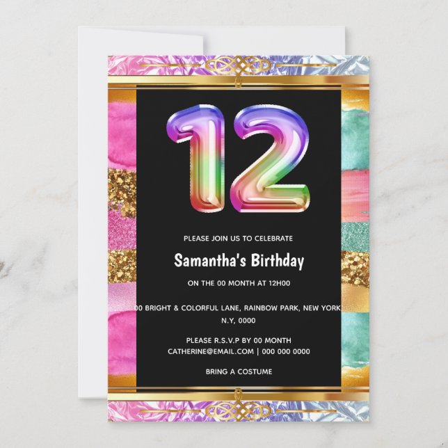 12th birthday rainbow glitter colourful party invitation (Front)