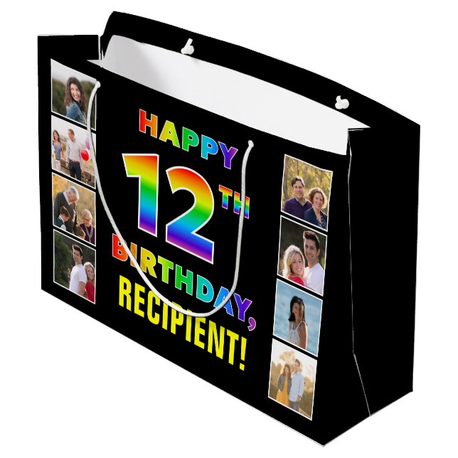 12th Birthday: Rainbow Text, Custom Photos & Name Large Gift Bag (Back Angled)