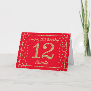 12th Birthday Red and Gold Glitter Confetti Card