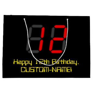 12th Birthday: Red Digital Clock Style "12" + Name Large Gift Bag