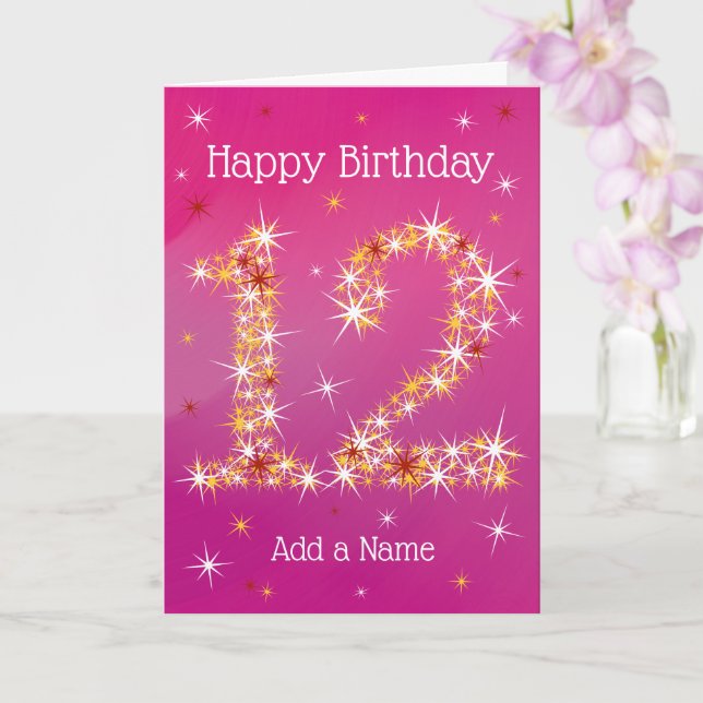 12th Birthday - Star Number - Pink/Purple - Age 12 Card (Orchid)