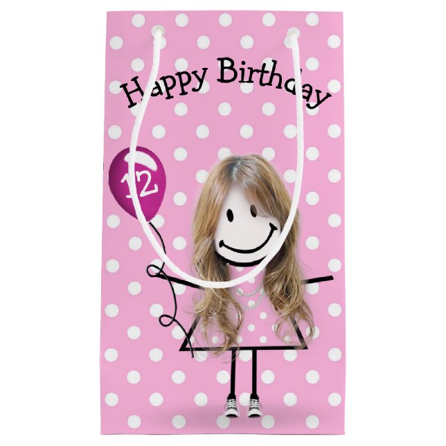 12th Birthday Stick Girl with Pink Balloon Small Gift Bag (Front)
