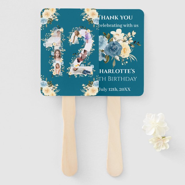 12th Birthday Teal Photo Collage Flower Yellow Hand Fan (Front and Back)