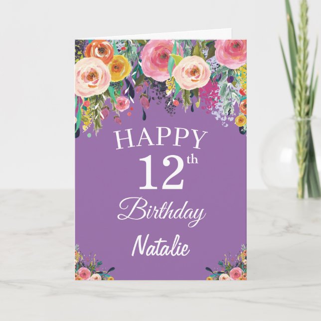 12th Birthday Watercolor Floral Flowers Purple Card (Front)