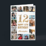 12th Happy Birthday Gold and White Photo Collage Card<br><div class="desc">12th Happy Birthday Gold and White Photo Collage Birthday Card. For further customisation,  please click the "Customise it" button and use our design tool to modify this template.</div>