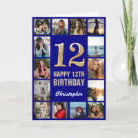 12th Happy Birthday Navy Blue & Gold Photo Collage