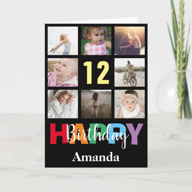 12th Happy Birthday Photo Collage Modern Black Card (Front)