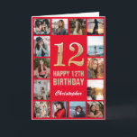 12th Happy Birthday Red and Gold Photo Collage Card<br><div class="desc">12th Happy Birthday Red and Gold Photo Collage Birthday Card. For further customisation,  please click the "Customise it" button and use our design tool to modify this template.</div>