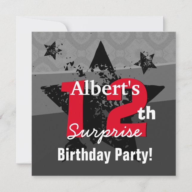 12th TWEEN Surprise Birthday Charcoal Grunge C12 Invitation (Front)