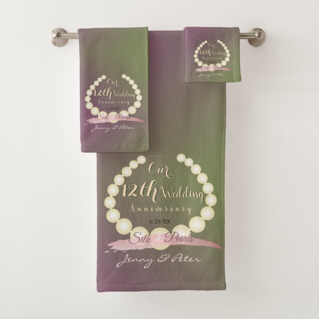  12th Wedding Anniversary Pearls and Moss B Bath Towel Set (Insitu)
