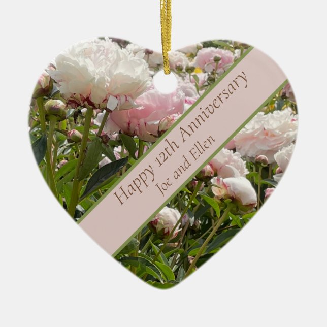12th Wedding Anniversary, Peony flower Ceramic Tree Decoration (Front)