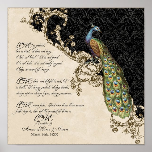 12x12 Vintage Peacock 1 - Wedding Personalised Poster (Front)