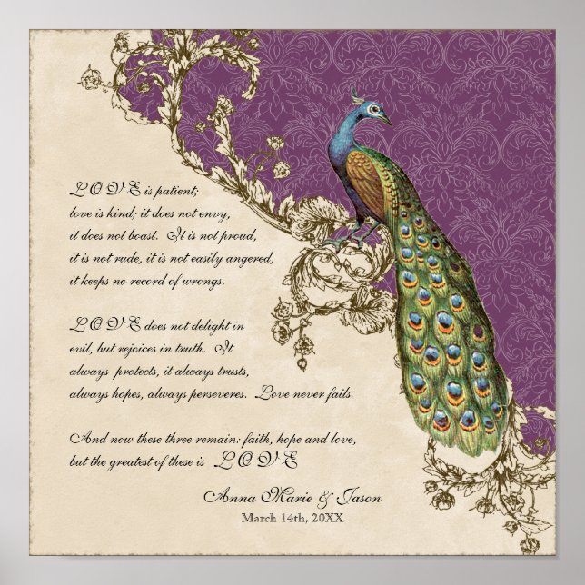 12x12 Vintage Peacock 1 - Wedding Personalised Poster (Front)