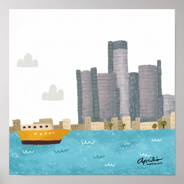 12x12 Whimsical Detroit Skyline Poster (Front)