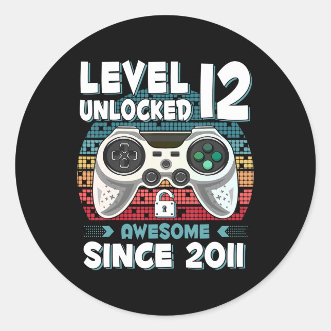 12yr BDay Son Boy Fun Gamer 12th 12 Year Old Birth Classic Round Sticker (Front)