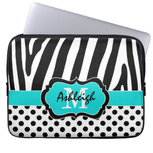 13" Aqua Black Zebra Stripes Polka Dot Laptop Case