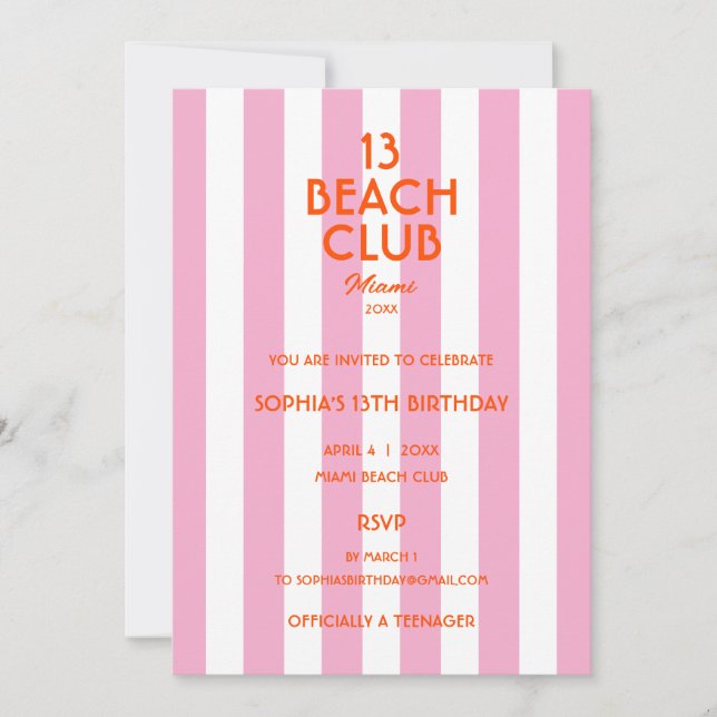 13 Beach Club Cabana Stripe 13th Birthday Party  Invitation (Front)