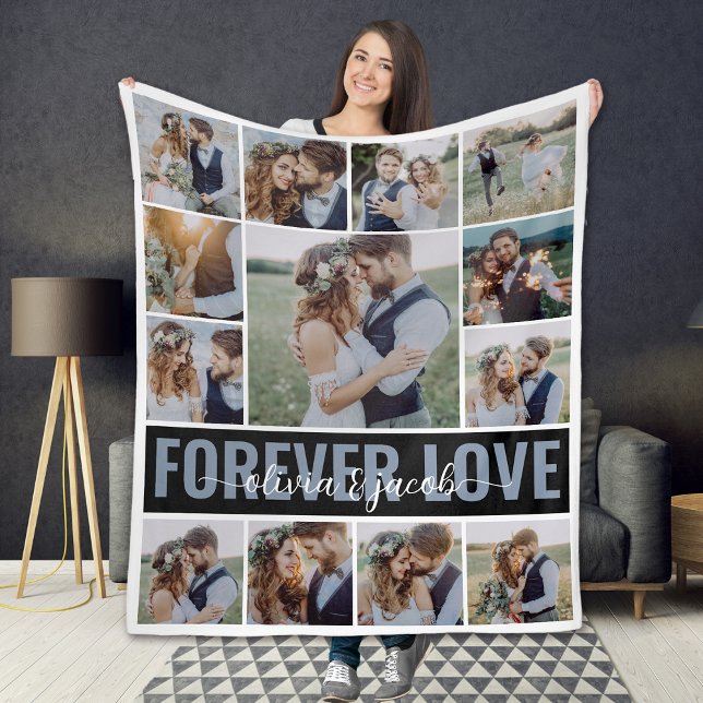 13 Photo Collage Forever Love Couple Names Fleece Blanket (Creator Uploaded)