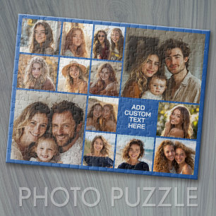 13 Photo Collage Grid Blue background White text Jigsaw Puzzle