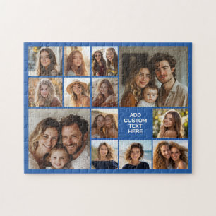 13 Photo Collage Grid Blue background White text Jigsaw Puzzle