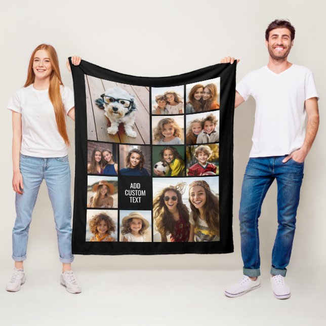 13 Photo Collage Grid - Custom Text Can Edit Black Fleece Blanket (In Situ)