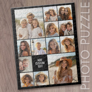13 Photo Collage Grid - Custom Text Minimal Black Jigsaw Puzzle