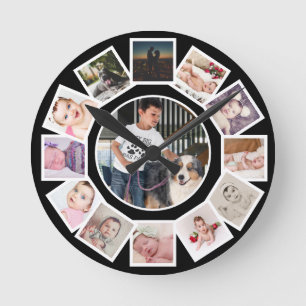 13 Photo Collage Personalised Black White Round Clock