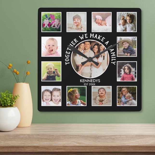13 Photo Collage Together Family Quote Name Black  Square Wall Clock (Creator Uploaded)