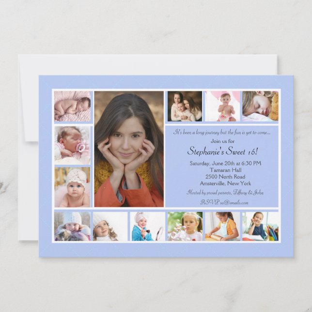 13 Photo Collage Vertical Blue Photo Invitation 2 (Front)