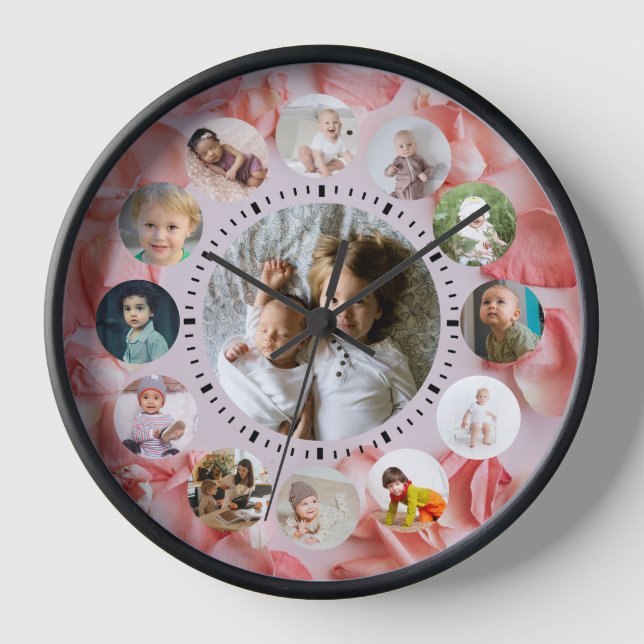 13 Photos collage Personalised Name rosy Watch Clock (Front)