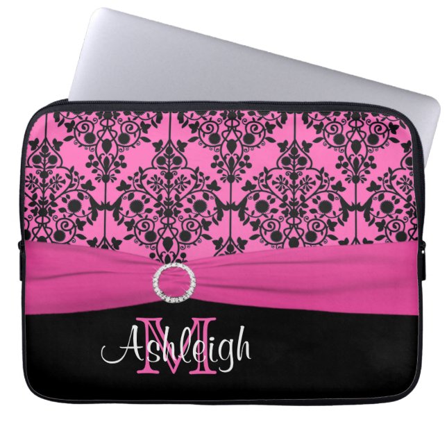 13" Pink Black White FAUX Ribbon Laptop Sleeve (Front)