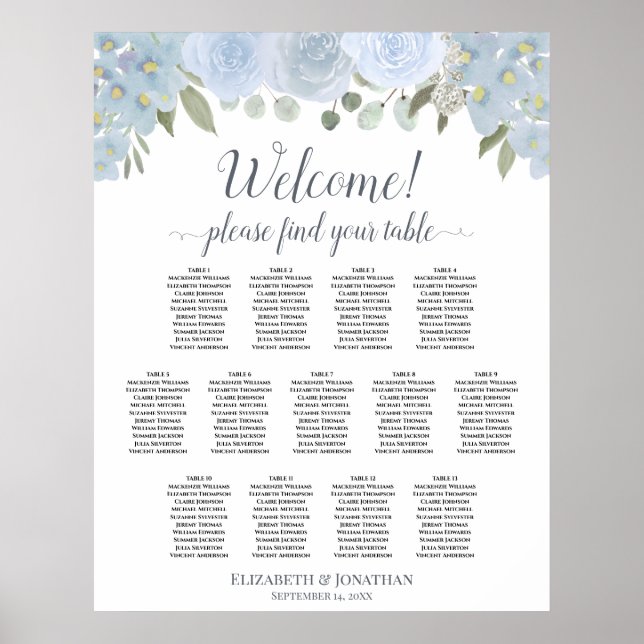 13 Table Dusty Blue Floral Wedding Seating Chart (Front)