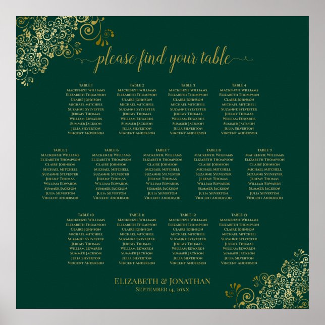 13 Table Emerald Green Wedding Seating Chart Gold (Front)