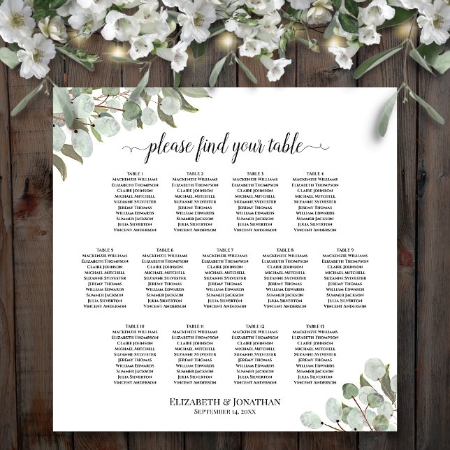 13 Table Eucalyptus Greenery Wedding Seating Chart (In Situ on Wooden Wall with Flowers)