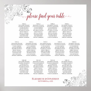 13 Table Frilly Wedding Seating Chart White & Red