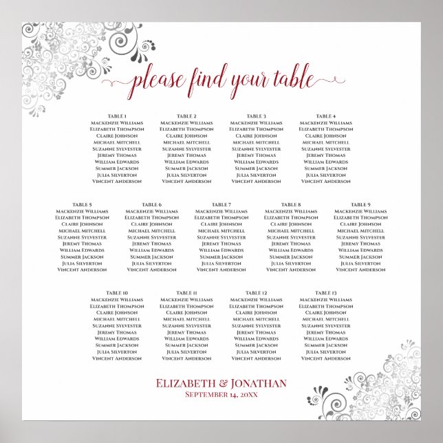 13 Table Frilly Wedding Seating Chart White & Red (Front)