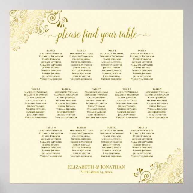 13 Table Gold Frills Cream Wedding Seating Chart (Front)